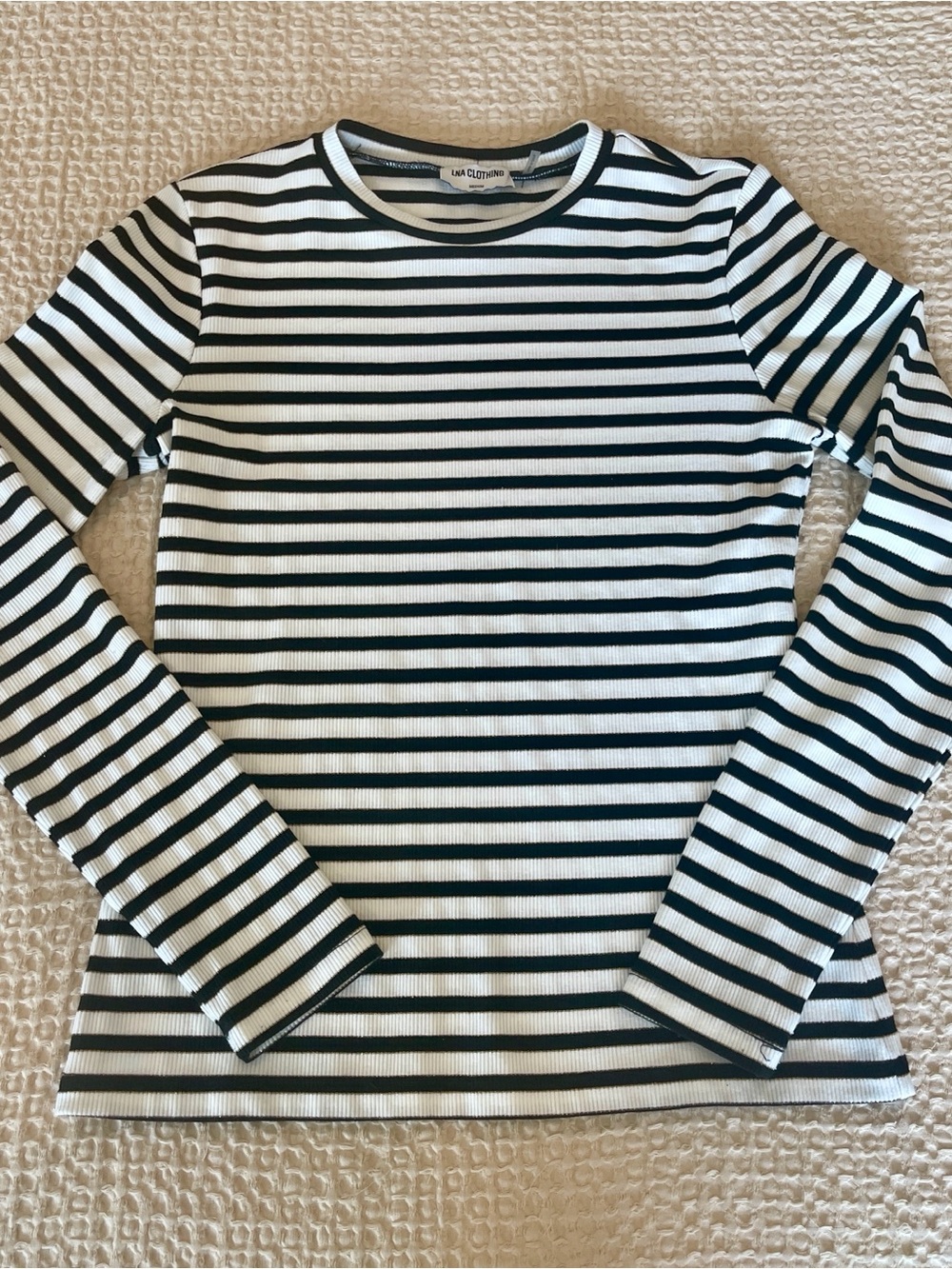 LNA Ribbed Long Sleeved Top Striped Ivory, Black, Gold Size Medium Like New